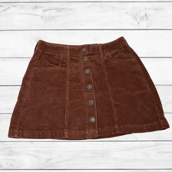 28. NWT American Eagle Super Hi-RIse Brown Corduroy A-Line Button Up Skirt SZ:4 - Picture 1 of 9